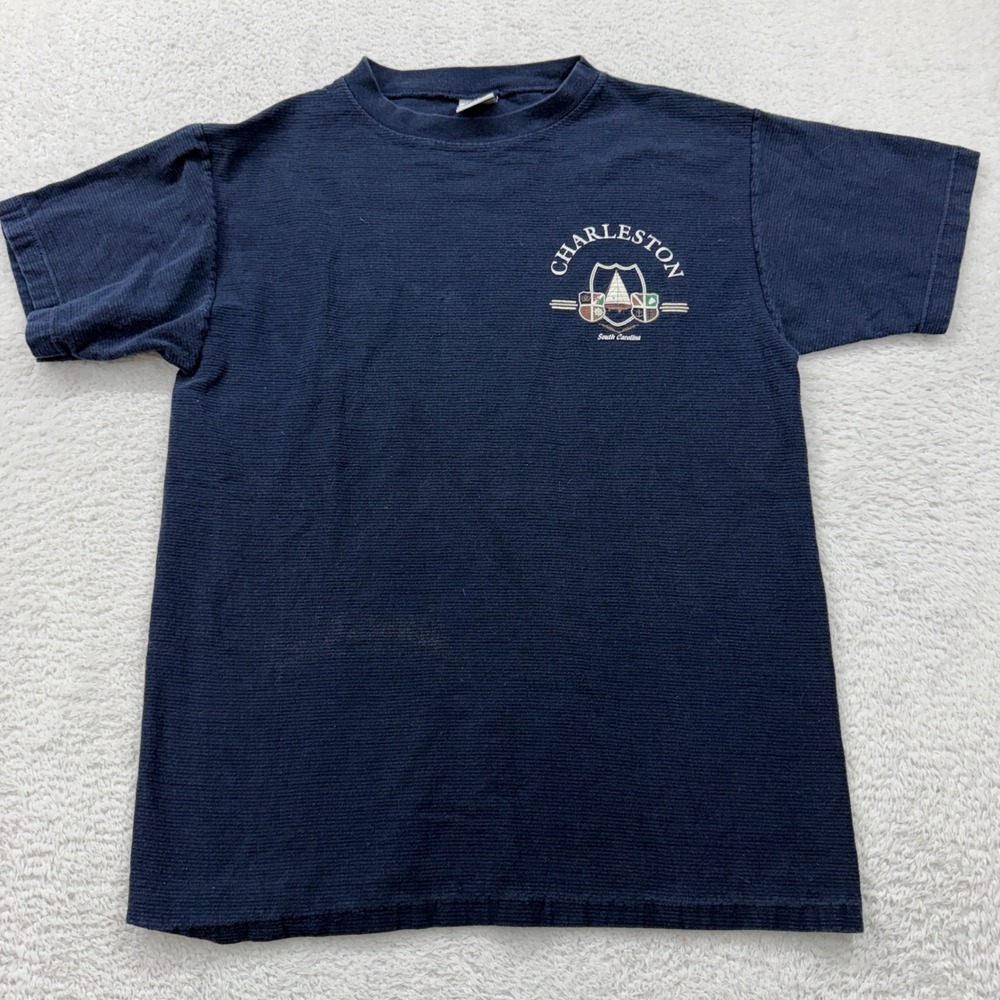 Vintage Cal Cru Charleston South Carolina Ribbed T-Shirt Navy Blue‎ Mens Medium